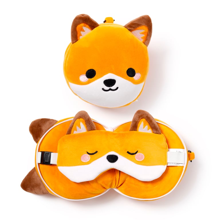 Relaxeazzz Travel Pillow & Eye Mask - Quick Release Polyester Design Featuring Finnick the Fox