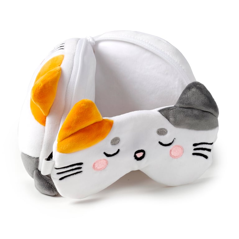 Relaxeazzz Travel Pillow & Eye Mask - Quick Release, 95 Polyester, Lola the Cat Design