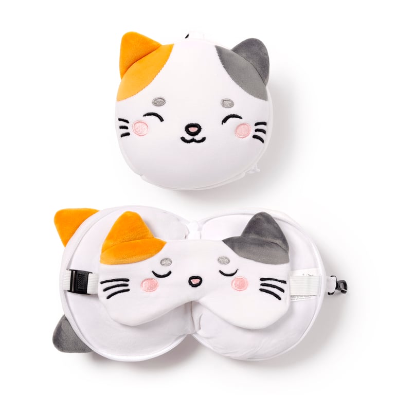 Relaxeazzz Travel Pillow & Eye Mask - Quick Release, 95 Polyester, Lola the Cat Design