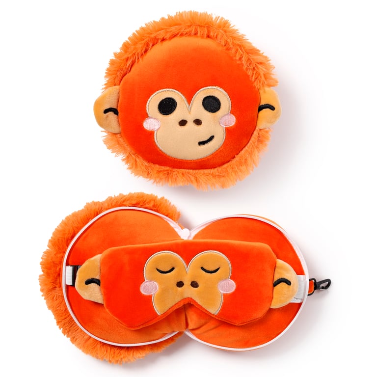 Relaxeazzz Travel Pillow & Eye Mask - Quick Release Polyester Orangutan Design