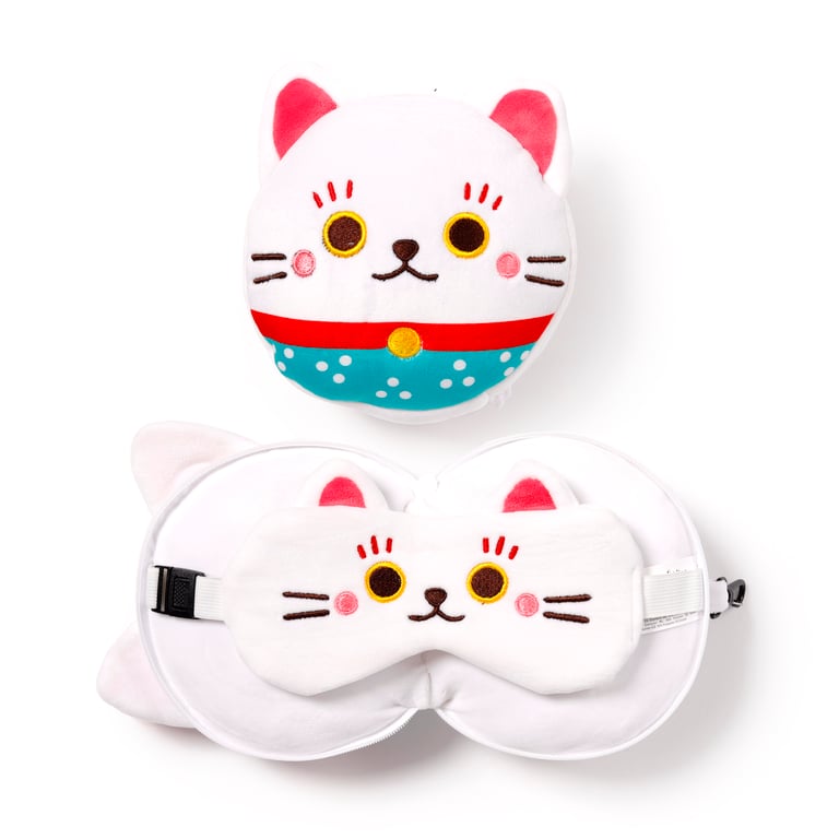 Relaxeazzz Travel Pillow & Eye Mask - Quick Release Maneki Neko Lucky Cat Pillowcase