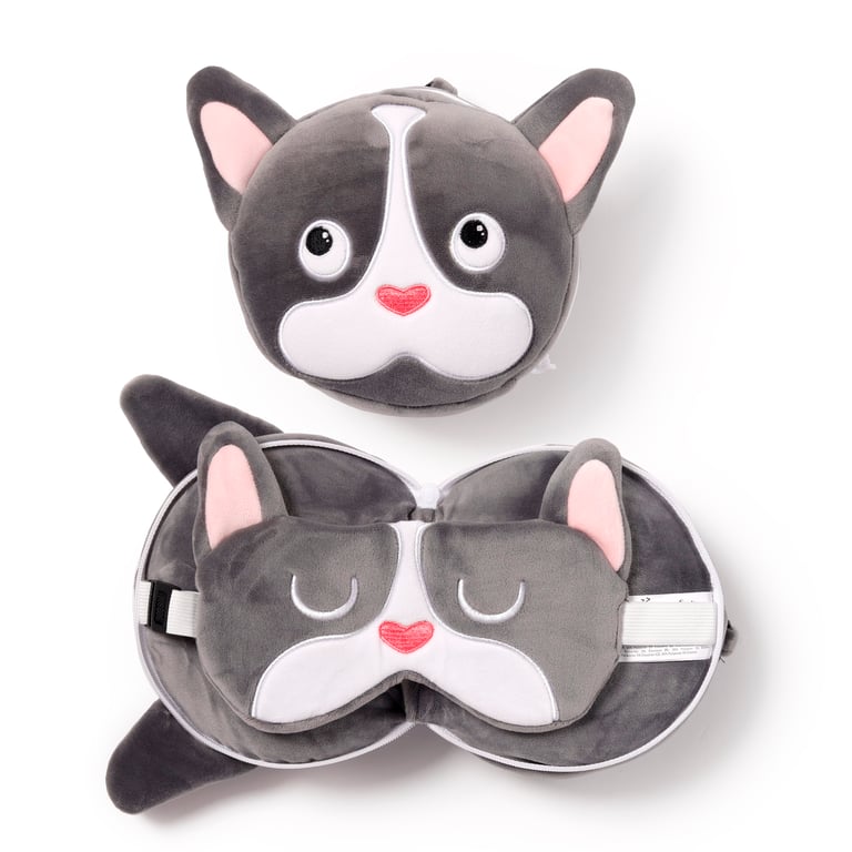 Relaxeazzz Travel Pillow & Eye Mask - French Bulldog Design, Quick Release, and Soft Polyester Spandex Construction