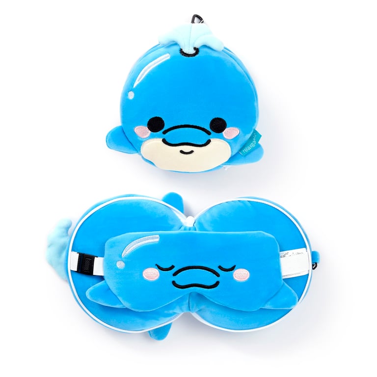 Relaxeazzz Travel Pillow & Eye Mask - Quick Release Polyester Support with Blu the Dolphin Design