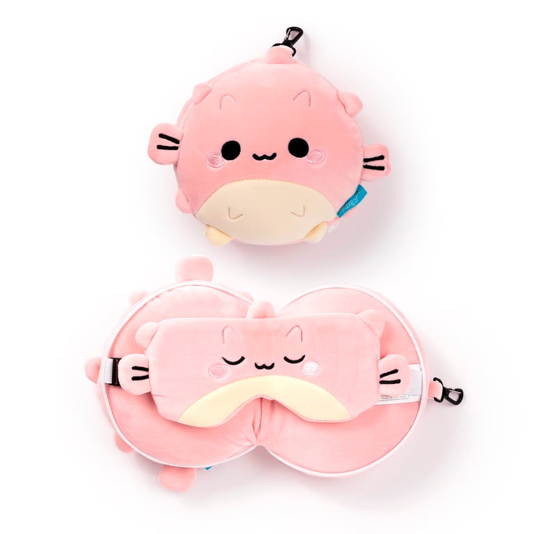 Relaxeazzz Travel Pillow & Eye Mask - Puff the Puffer Fish with Quick Release and Soft 95 Polyester Construction