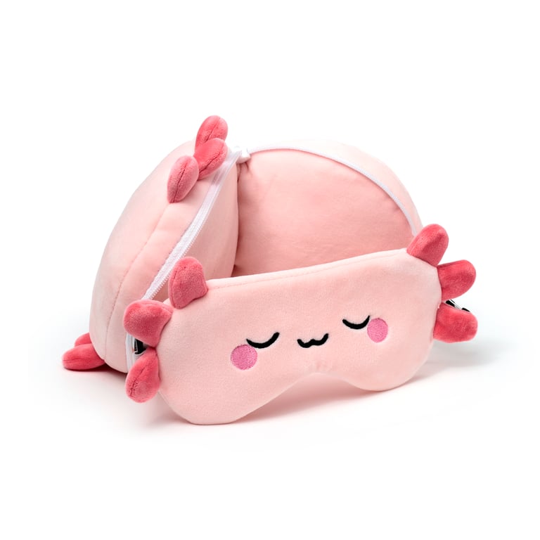 Relaxeazzz Travel Pillow & Eye Mask - Maddie the Axolotl Novelty Gift with Quick Release