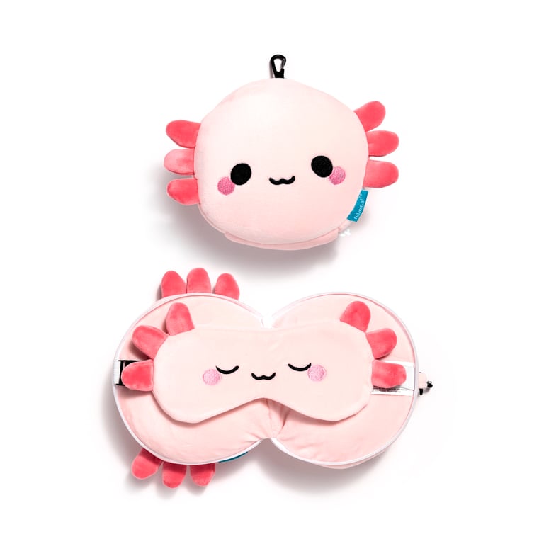 Relaxeazzz Travel Pillow & Eye Mask - Maddie the Axolotl Novelty Gift with Quick Release