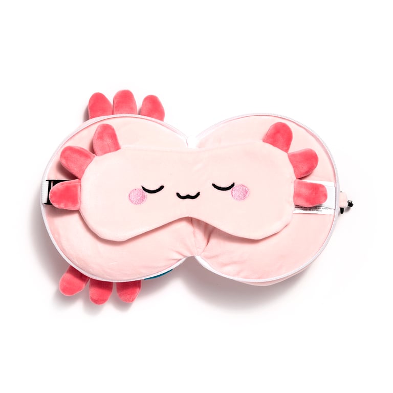 Relaxeazzz Travel Pillow & Eye Mask - Maddie the Axolotl Novelty Gift with Quick Release