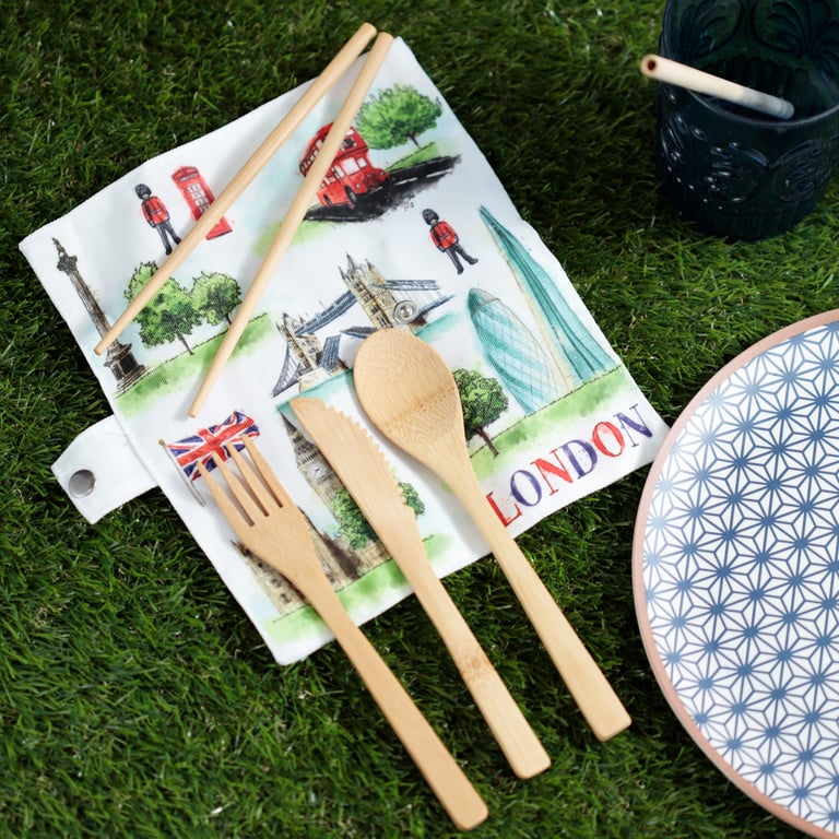 100 Natural Bamboo Cutlery 6 Piece Set - Eco Friendly Reusable Utensils for London Tour