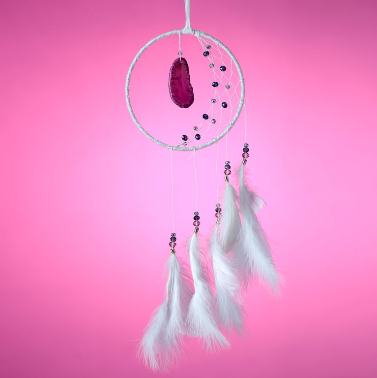 White Sickle Crescent Moon Dreamcatcher with Agate Charm and Mineral Stone Accent