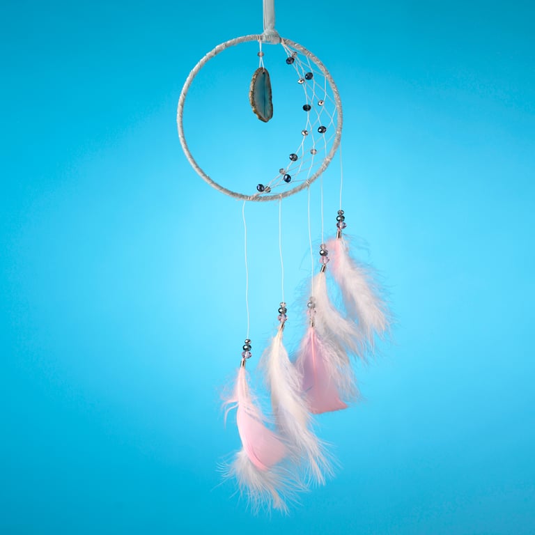 White Sickle Crescent Moon Dreamcatcher with Agate Charm and Mineral Stone Accent