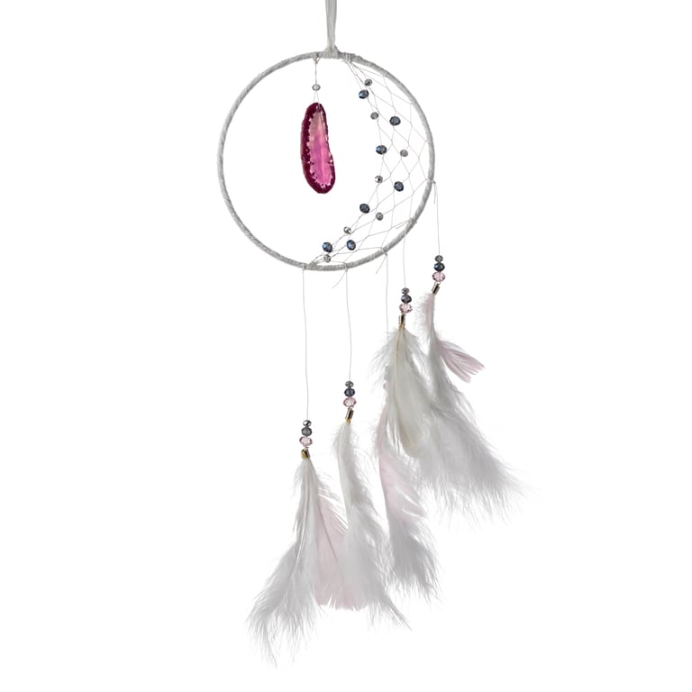 White Sickle Crescent Moon Dreamcatcher with Agate Charm and Mineral Stone Accent