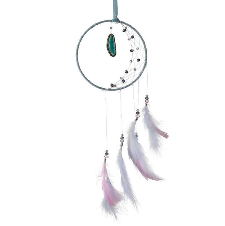 White Sickle Crescent Moon Dreamcatcher with Agate Charm and Mineral Stone Accent