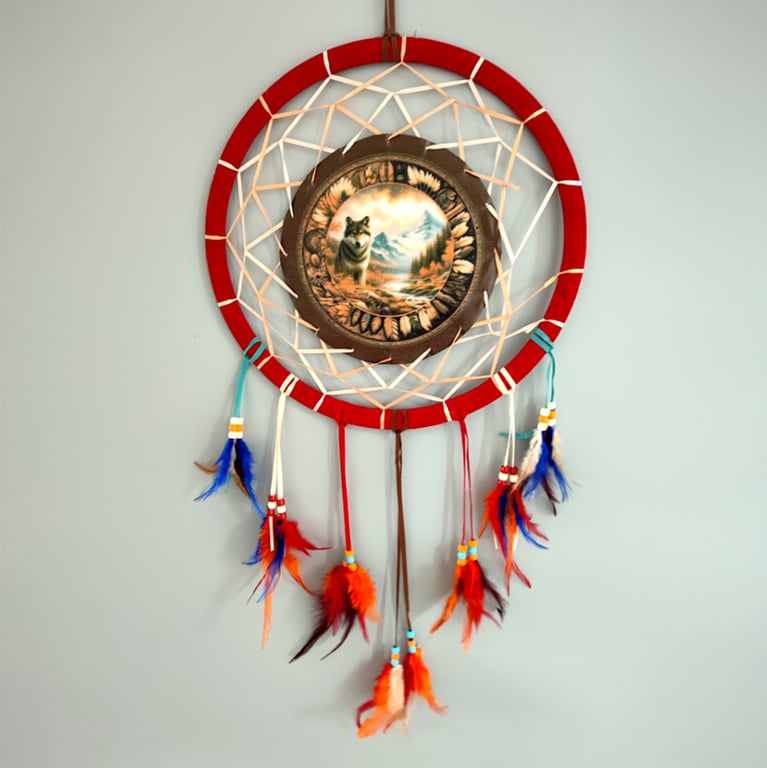 Autumnal Wolf Polyester Dreamcatcher - Medium Size with Feathers and Plastic Accents