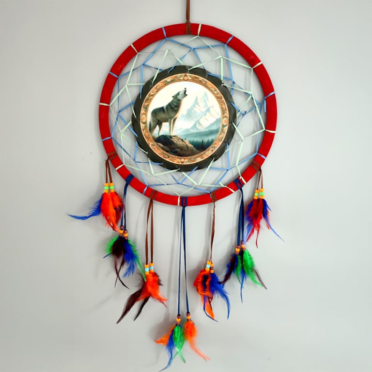 Medium Mountain Wolf Polyester Dreamcatcher with Feathers and Plastic Accents