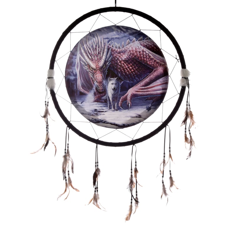 Large Licensed Dragon & Wolf Dreamcatcher - Handmade with Faux Fur and Beads