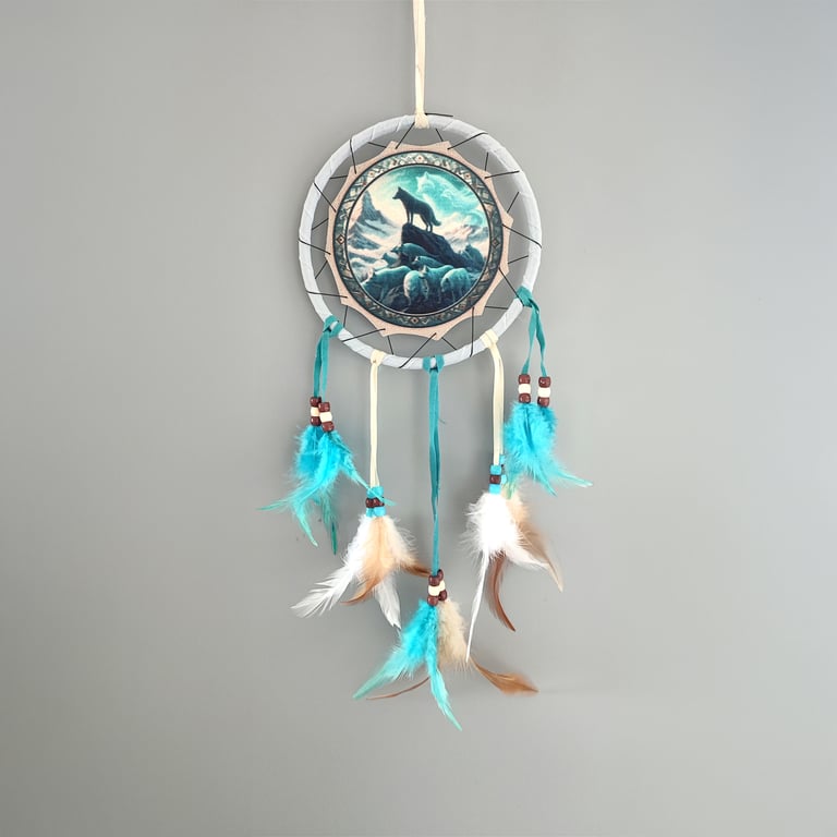 Small Polyester Dreamcatcher - Spirit of the Wolf Pack Feather Home Decor
