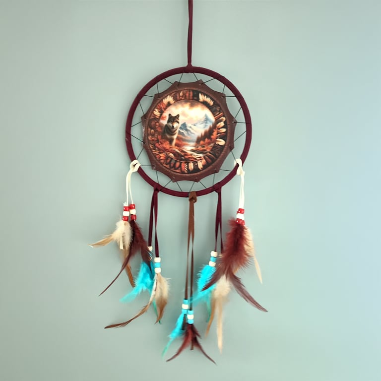 Autumnal Wolf Polyester Dreamcatcher - Small Feathered Wall Hanging Decoration