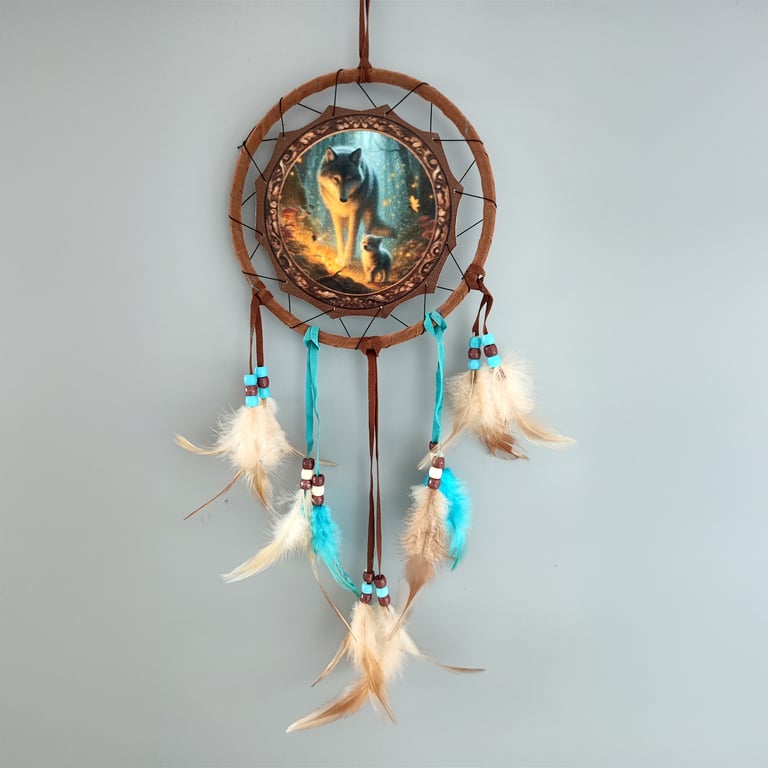 Small Polyester Dreamcatcher - Fairy Dream Wolf & Cub Feathers and Charm Decorative Wall Hanging