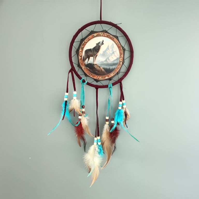 Small Polyester Mountain Wolf Dreamcatcher with Feathers and Plastic Details