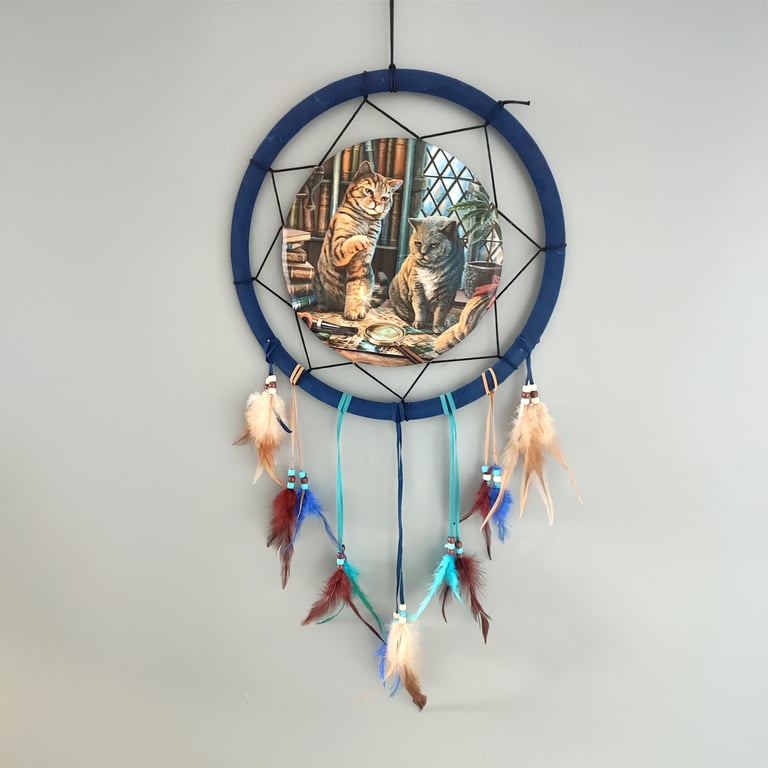 Small Licensed Cat Themed Polyester Dreamcatcher with Feathers - Lisa Parker Purrlock Holmes Design
