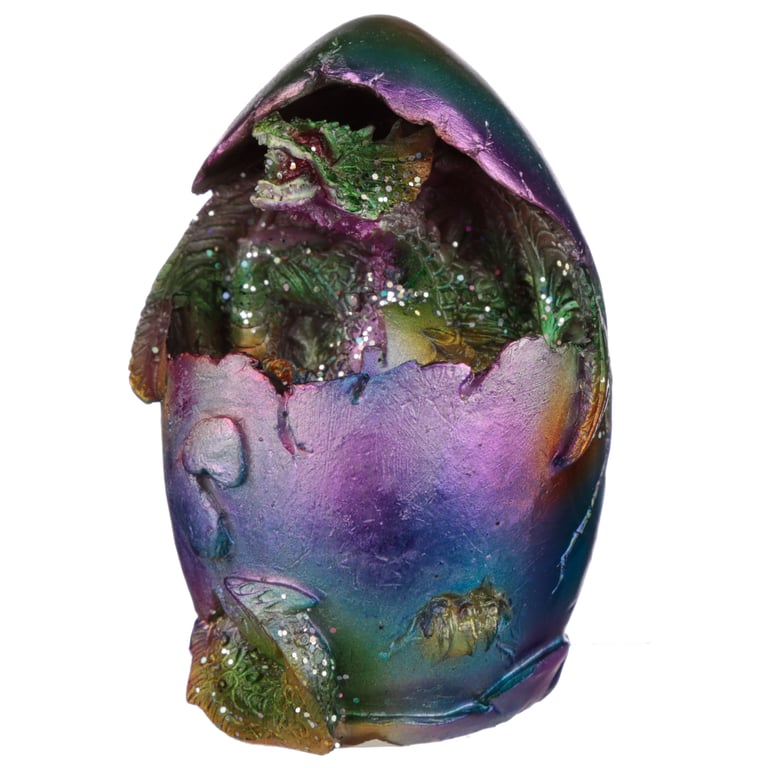 Resin Hatching Egg Metallic Rainbow Dragon Figurine - Home Decor Collectible