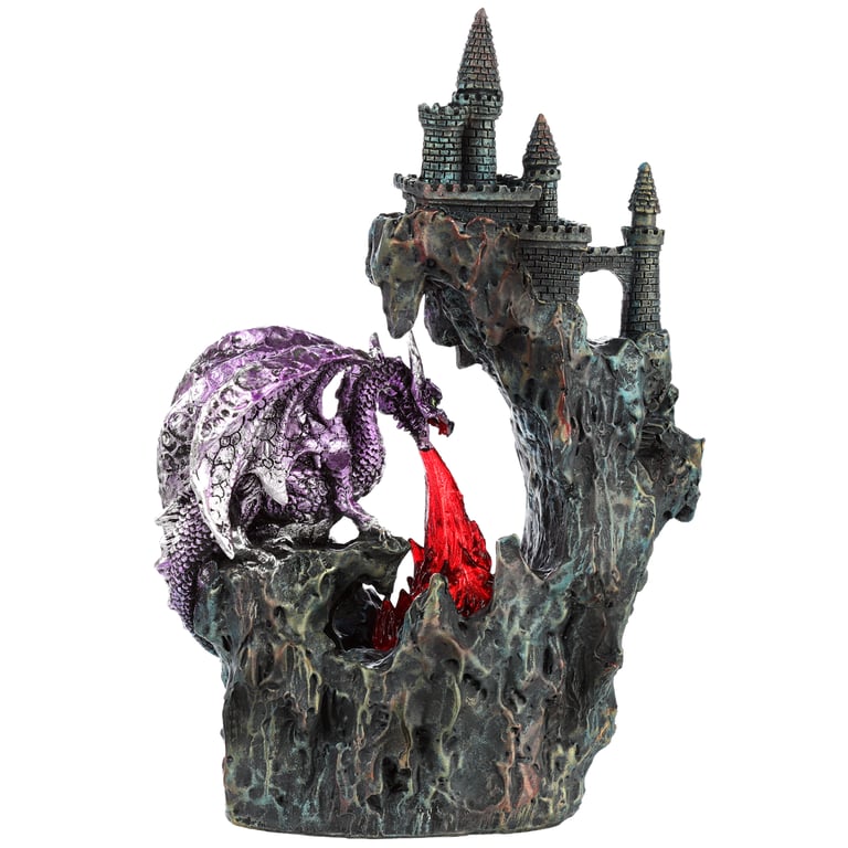 LED Fire Breather Cliff Top Castle Dragon Figurine - Resin & Plastic AA Battery Operated Statue with On/Off Switch