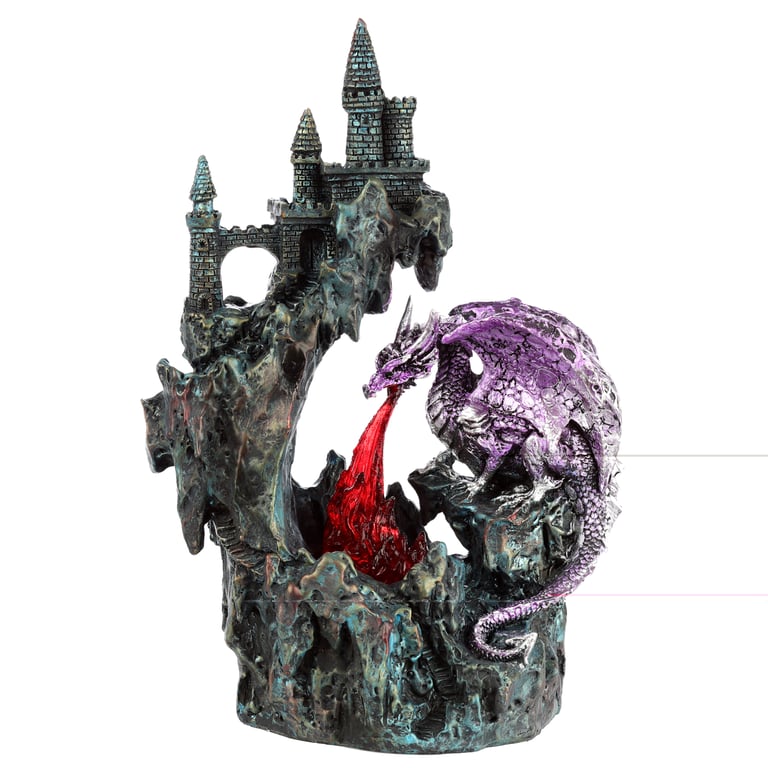 LED Fire Breather Cliff Top Castle Dragon Figurine - Resin & Plastic AA Battery Operated Statue with On/Off Switch