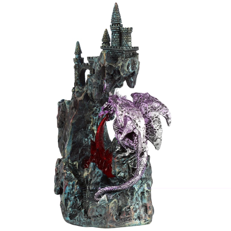 LED Fire Breather Cliff Top Castle Dragon Figurine - Resin & Plastic AA Battery Operated Statue with On/Off Switch