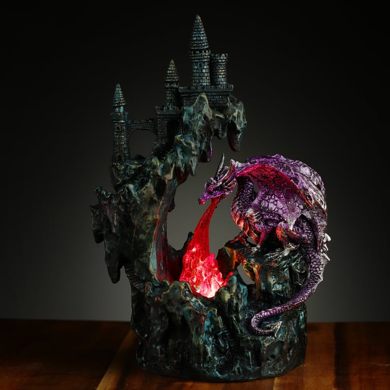 LED Fire Breather Cliff Top Castle Dragon Figurine - Resin & Plastic AA Battery Operated Statue with On/Off Switch