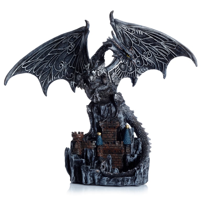 Dark Legends Silver Castle Guardian Dragon Statue - Resin Magic Wings Decoration