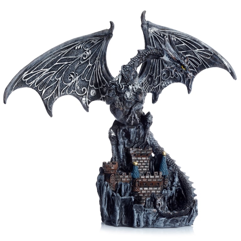 Dark Legends Silver Castle Guardian Dragon Statue - Resin Magic Wings Decoration