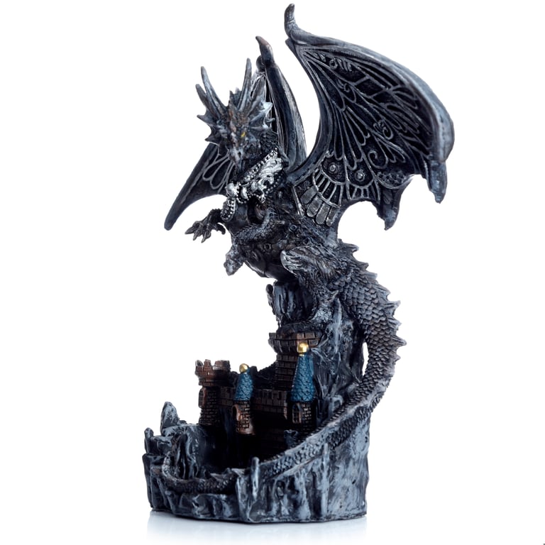 Dark Legends Silver Castle Guardian Dragon Statue - Resin Magic Wings Decoration
