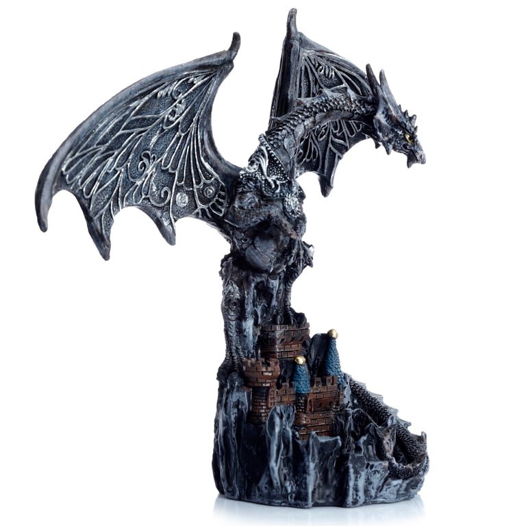 Dark Legends Silver Castle Guardian Dragon Statue - Resin Magic Wings Decoration