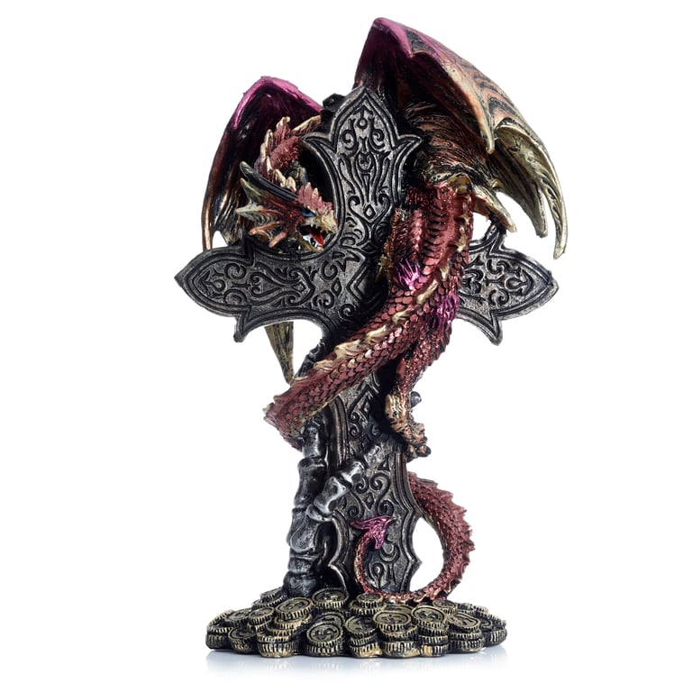 Dark Legends Celtic Cross Treasure Guardian Dragon Resin Statue Home Decor Garden Sculpture