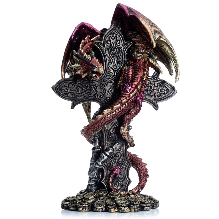 Dark Legends Celtic Cross Treasure Guardian Dragon Resin Statue Home Decor Garden Sculpture