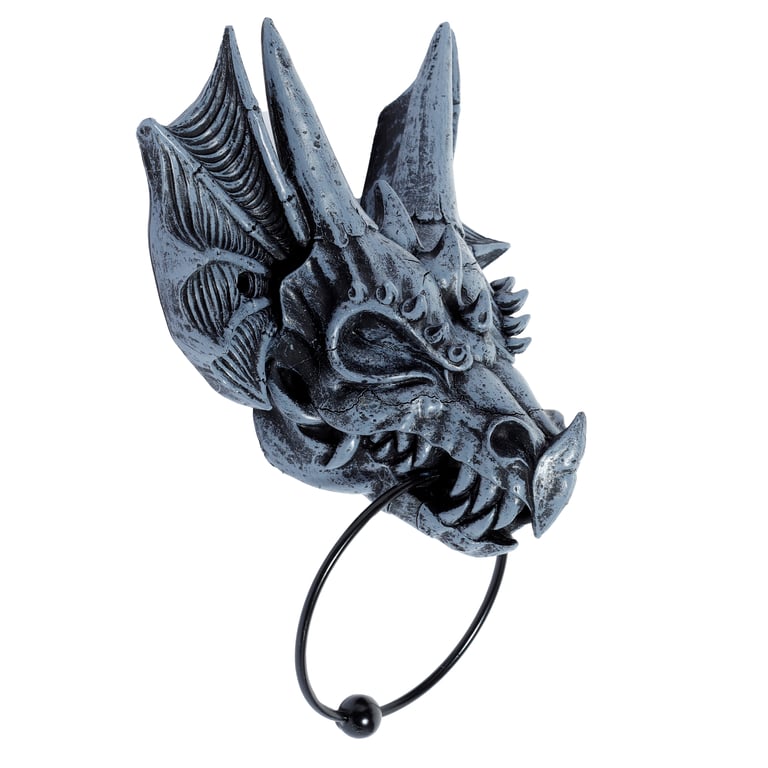 Shadows of Darkness Grey Stone Effect Resin Metal Dragon Skull Door Knocker - Home Decor Entrance Decoration