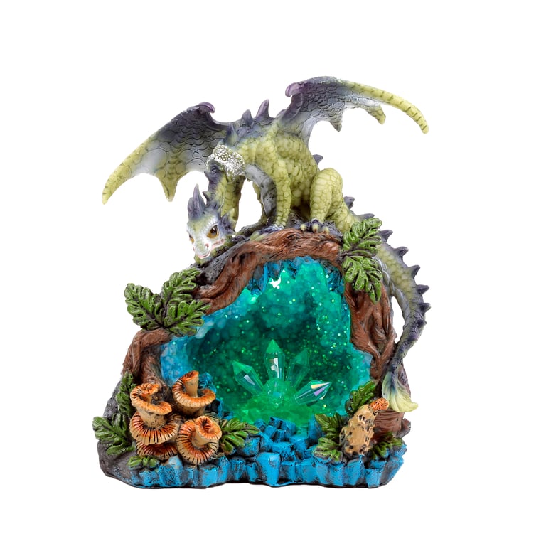 Elements Dragon LED Woodland Crystal Cave - Battery Operated Resin Decoration with Multiple Color Rotating LED and On/Off Switch