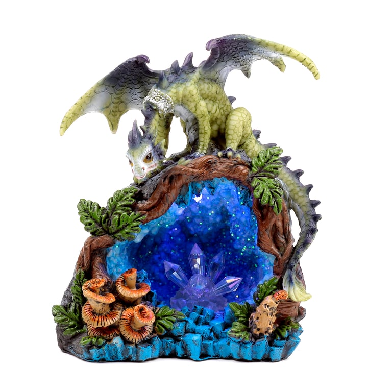 Elements Dragon LED Woodland Crystal Cave - Battery Operated Resin Decoration with Multiple Color Rotating LED and On/Off Switch
