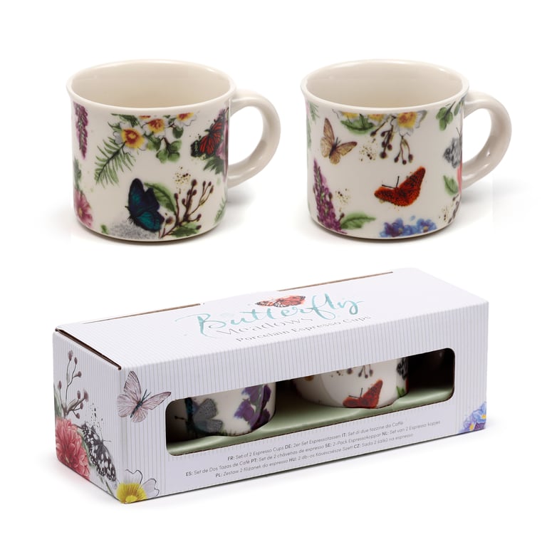 Porcelain Espresso Cups - Butterfly Meadows, 100ml, Dishwasher & Microwave Safe, Set of 2