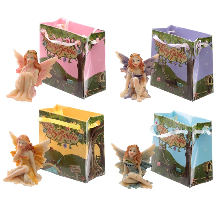 Resin Flower Fairy Figurine - Mini Home Decor Gift in Bag with Ribbon Handles