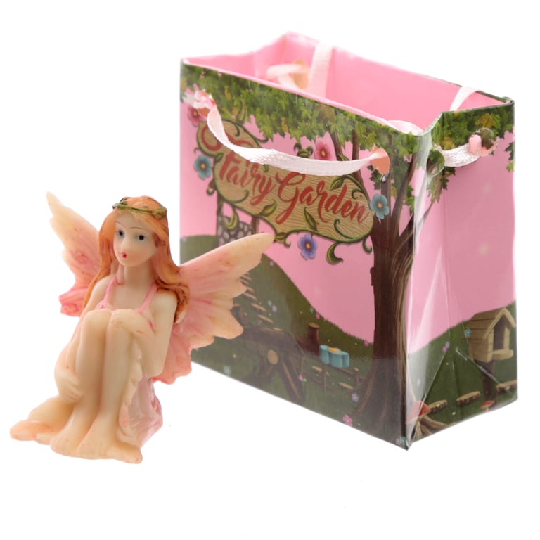 Resin Flower Fairy Figurine - Mini Home Decor Gift in Bag with Ribbon Handles