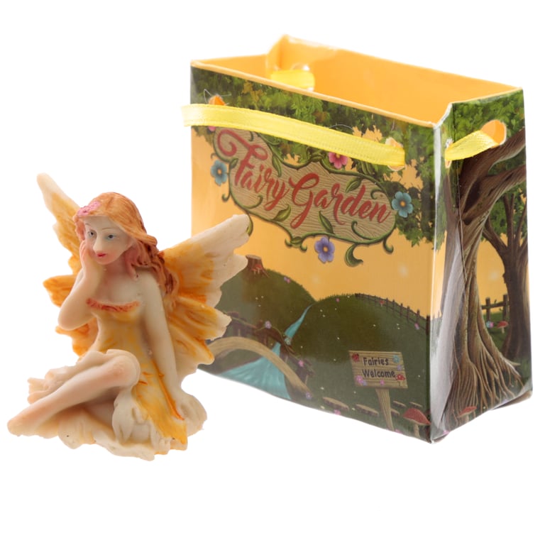 Resin Flower Fairy Figurine - Mini Home Decor Gift in Bag with Ribbon Handles