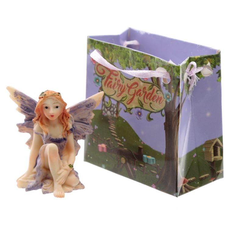 Resin Flower Fairy Figurine - Mini Home Decor Gift in Bag with Ribbon Handles