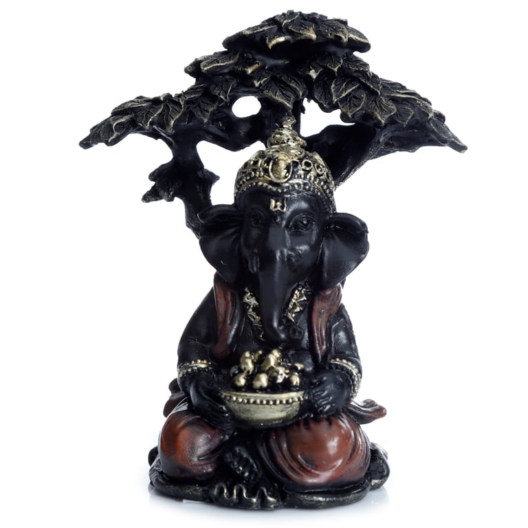 Black Resin Gold Ganesh Statue Sitting Under Tree Home Decor
