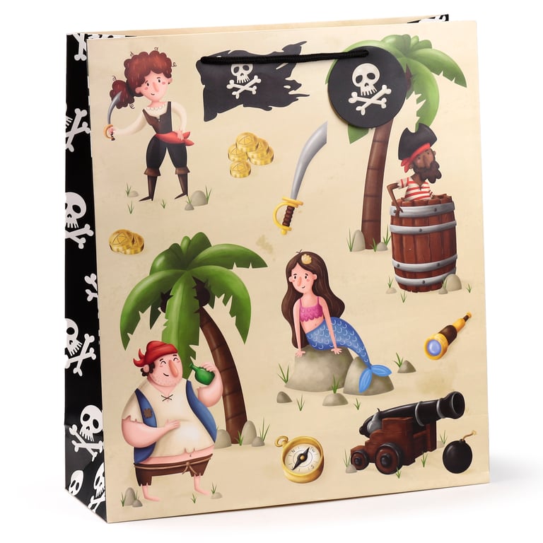 Extra Large Jolly Rogers Pirates Card Gift Bag with Cord Handles and Gift Tag