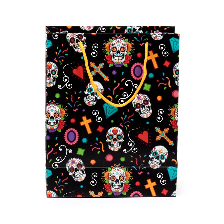 Large Day of the Dead Decorative Gift Bag with Card Tag and Cord Handles