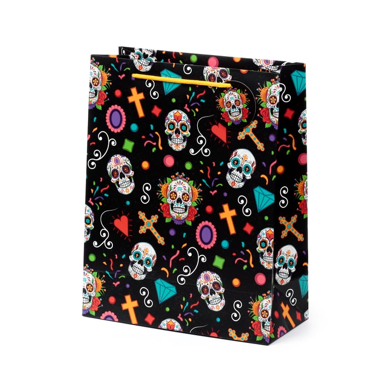 Large Day of the Dead Decorative Gift Bag with Card Tag and Cord Handles