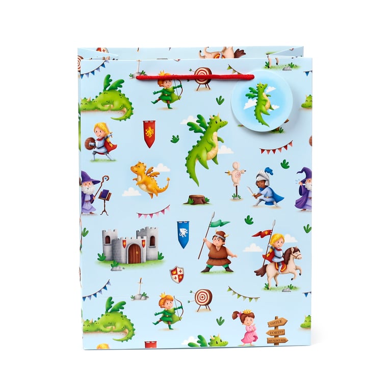 Large Card Gift Bag with Cord Handles - Knights & Dragons Personalized Gift Tag Included