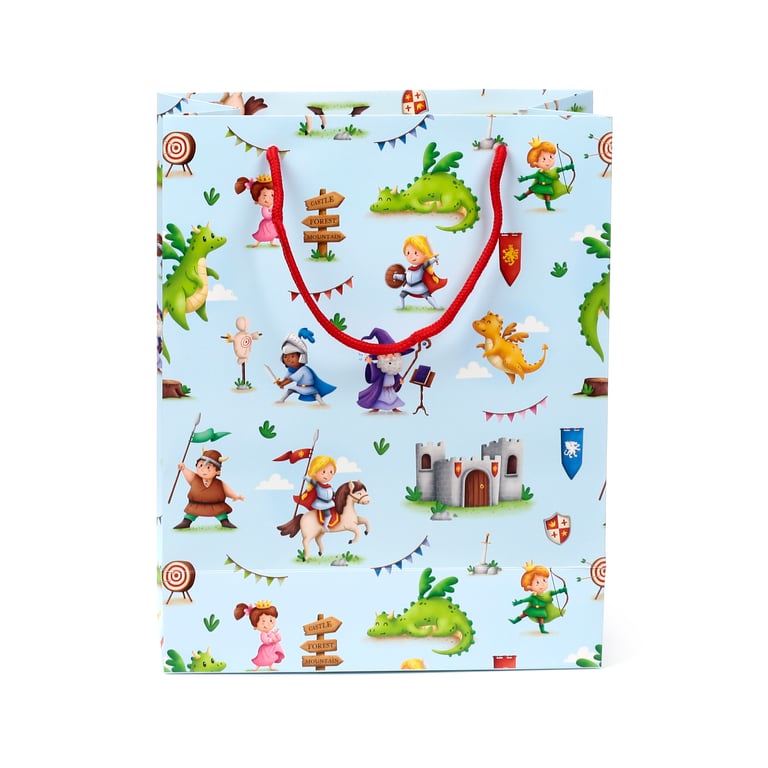 Large Card Gift Bag with Cord Handles - Knights & Dragons Personalized Gift Tag Included