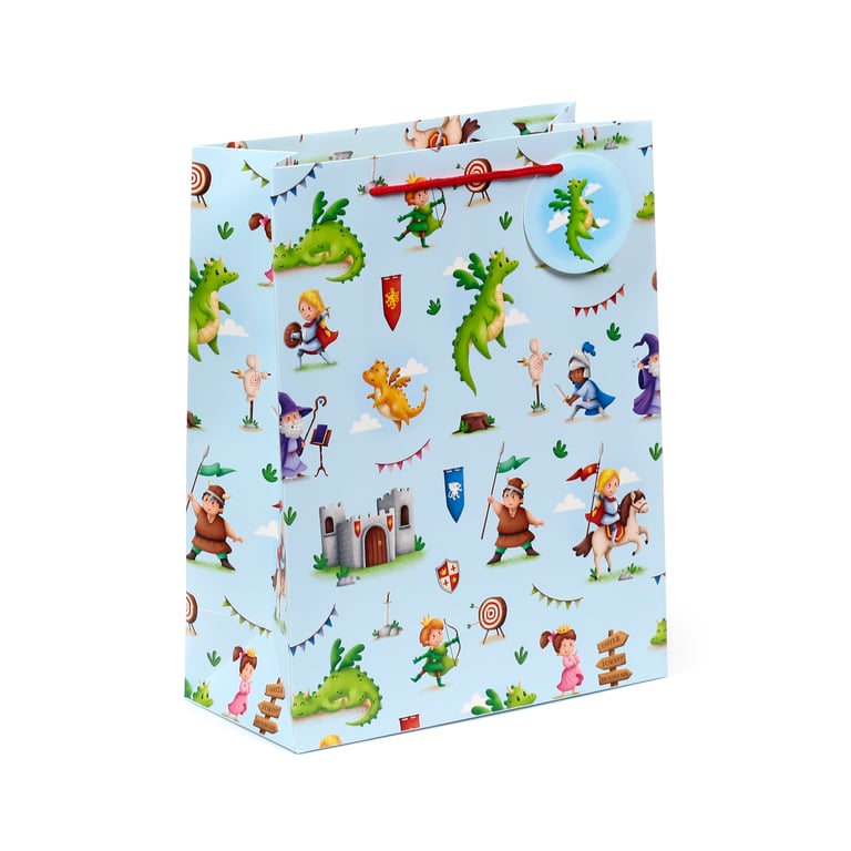 Large Card Gift Bag with Cord Handles - Knights & Dragons Personalized Gift Tag Included